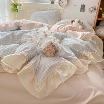 Charming Plaid Bedding Set with Elegant Ruffles