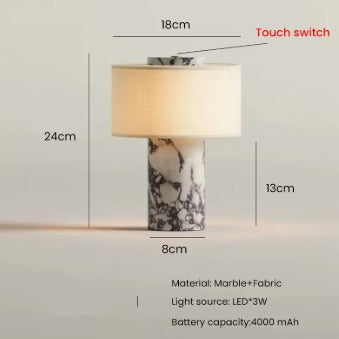 RadiantGlow Cordless Marble and Fabric LED Table Lamp
