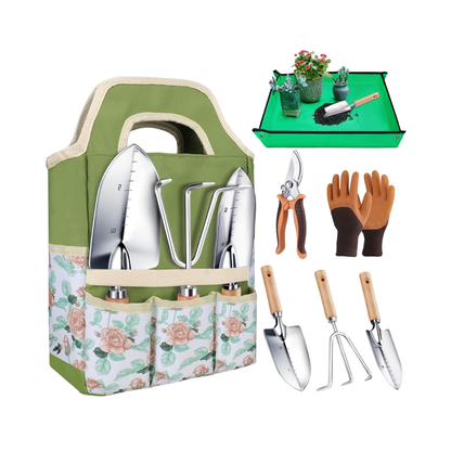 Garden Tool Kit with Tote, Gloves, and Aluminum Equipment - 8 Pieces