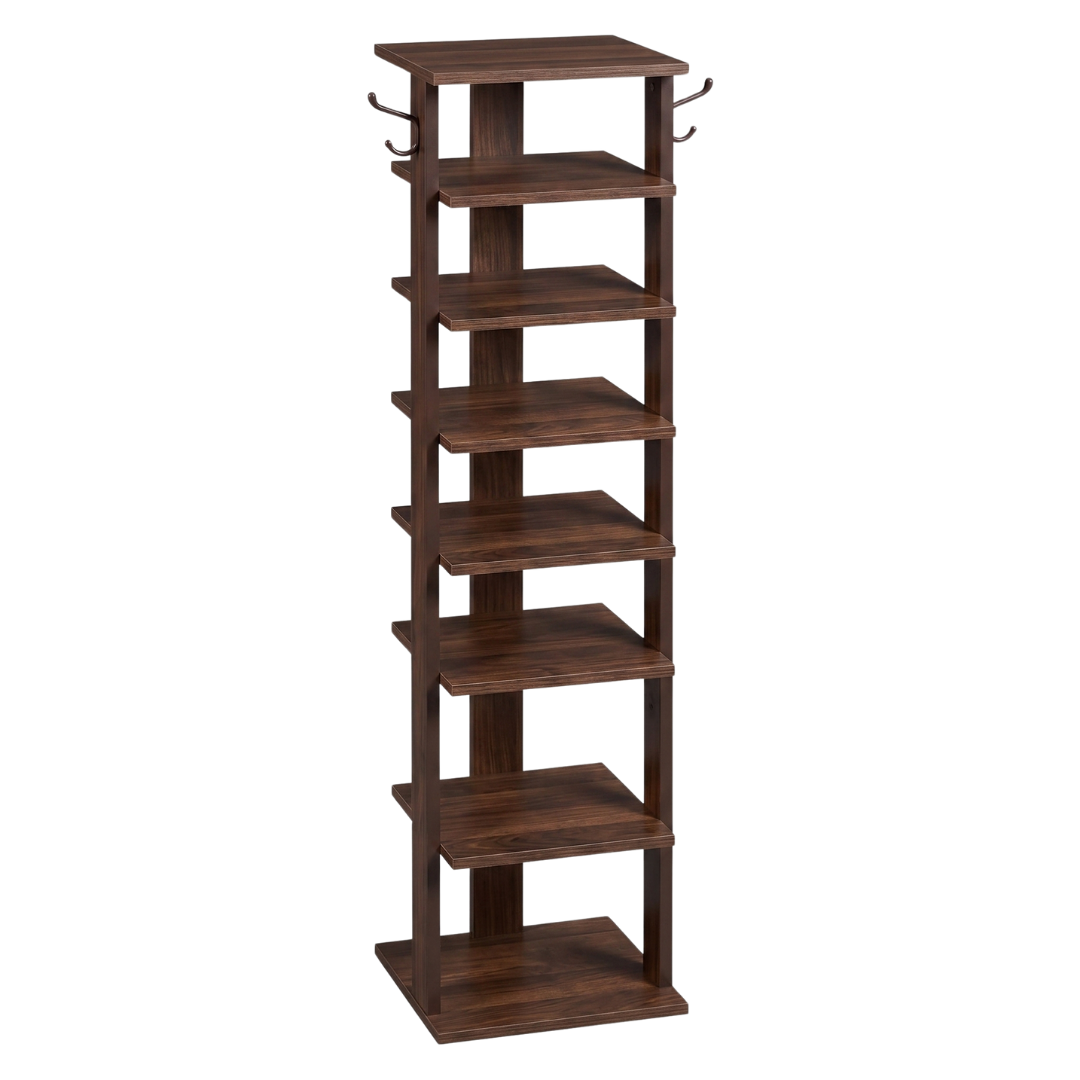 Narrow Wooden Shoe Storage Rack with 8 Tiers and Side Hooks