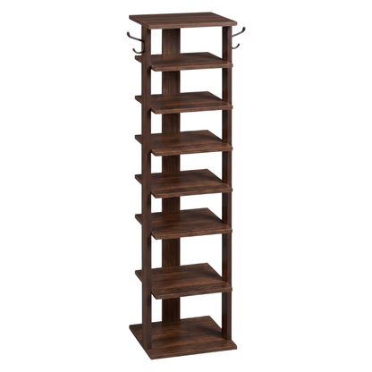 Narrow Wooden Shoe Storage Rack with 8 Tiers and Side Hooks