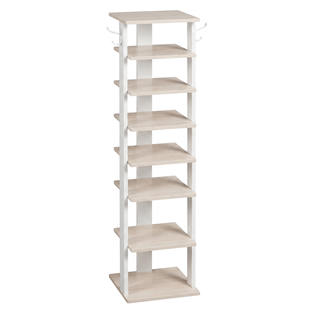 Narrow Wooden Shoe Storage Rack with 8 Tiers and Side Hooks