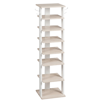 Narrow Wooden Shoe Storage Rack with 8 Tiers and Side Hooks