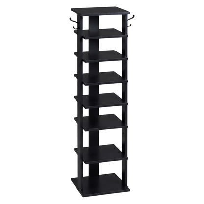Narrow Wooden Shoe Storage Rack with 8 Tiers and Side Hooks