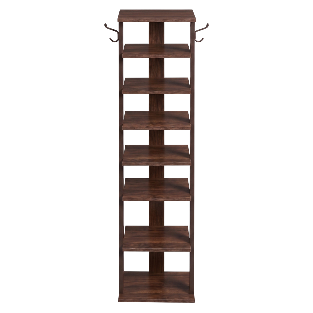 Narrow Wooden Shoe Storage Rack with 8 Tiers and Side Hooks