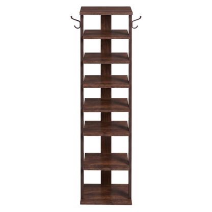 Narrow Wooden Shoe Storage Rack with 8 Tiers and Side Hooks