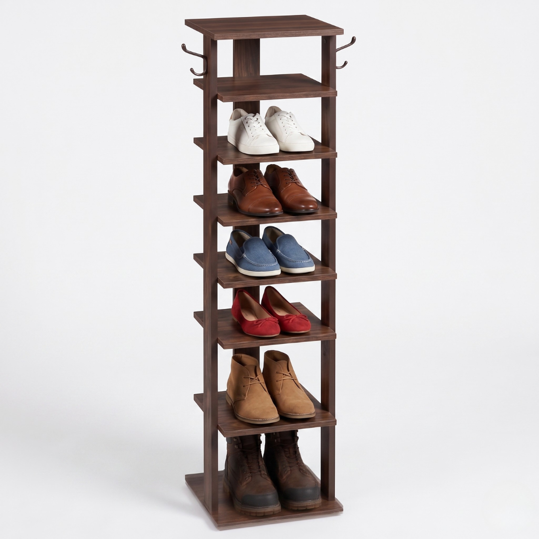 Narrow Wooden Shoe Storage Rack with 8 Tiers and Side Hooks