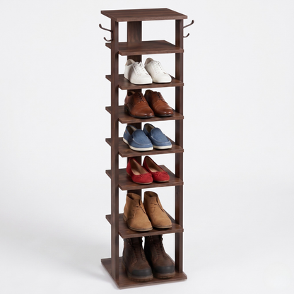 Narrow Wooden Shoe Storage Rack with 8 Tiers and Side Hooks