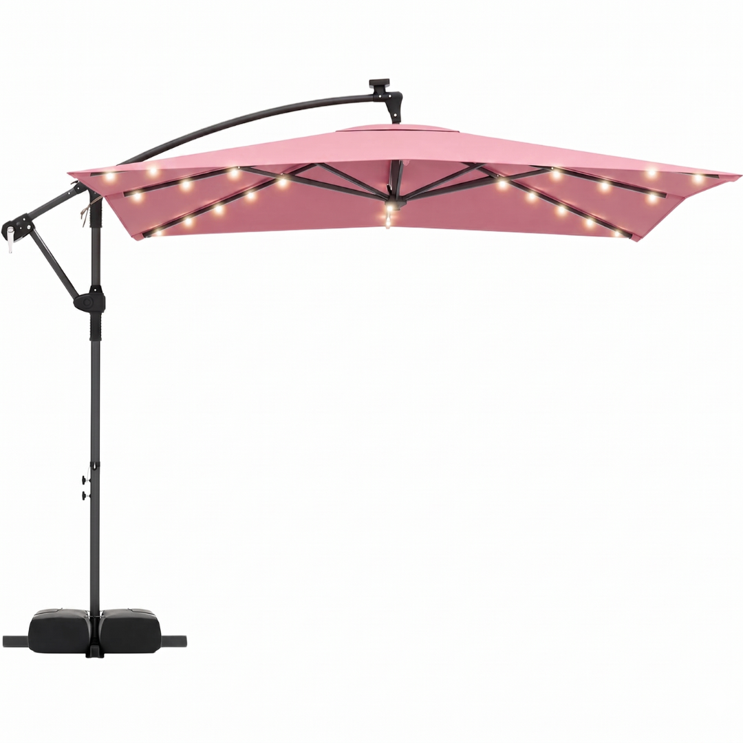 8-Foot Solar LED Patio Umbrella with Base and Rotating Feature