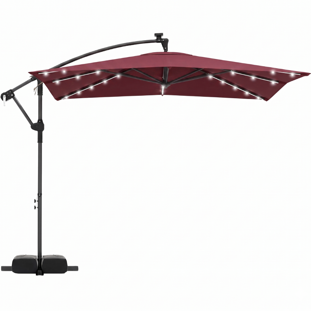 8-Foot Solar LED Patio Umbrella with Base and Rotating Feature