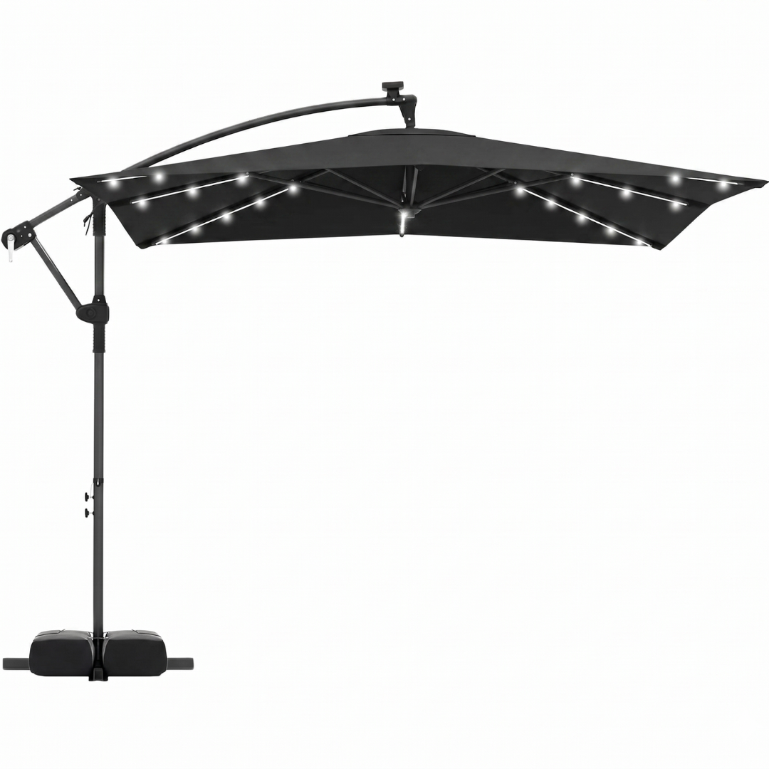 8-Foot Solar LED Patio Umbrella with Base and Rotating Feature