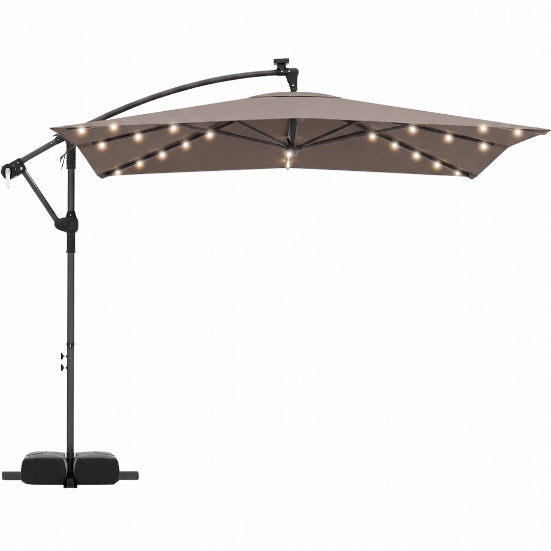 8-Foot Solar LED Patio Umbrella with Base and Rotating Feature