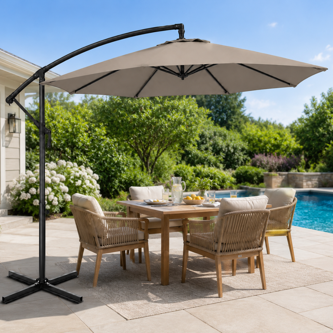 9-Foot Offset Outdoor Umbrella with Base and Full 360° Rotation
