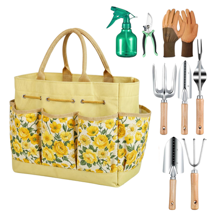 Gardening Tool Kit with Floral Carry Bag and 9 Hand Tools
