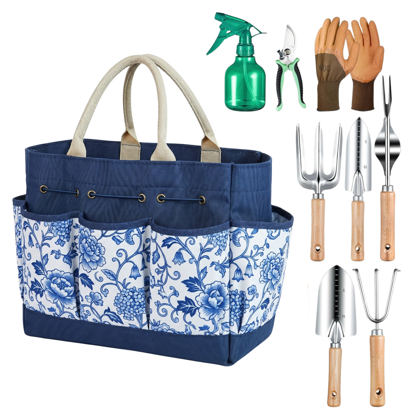 Gardening Tool Kit with Floral Carry Bag and 9 Hand Tools