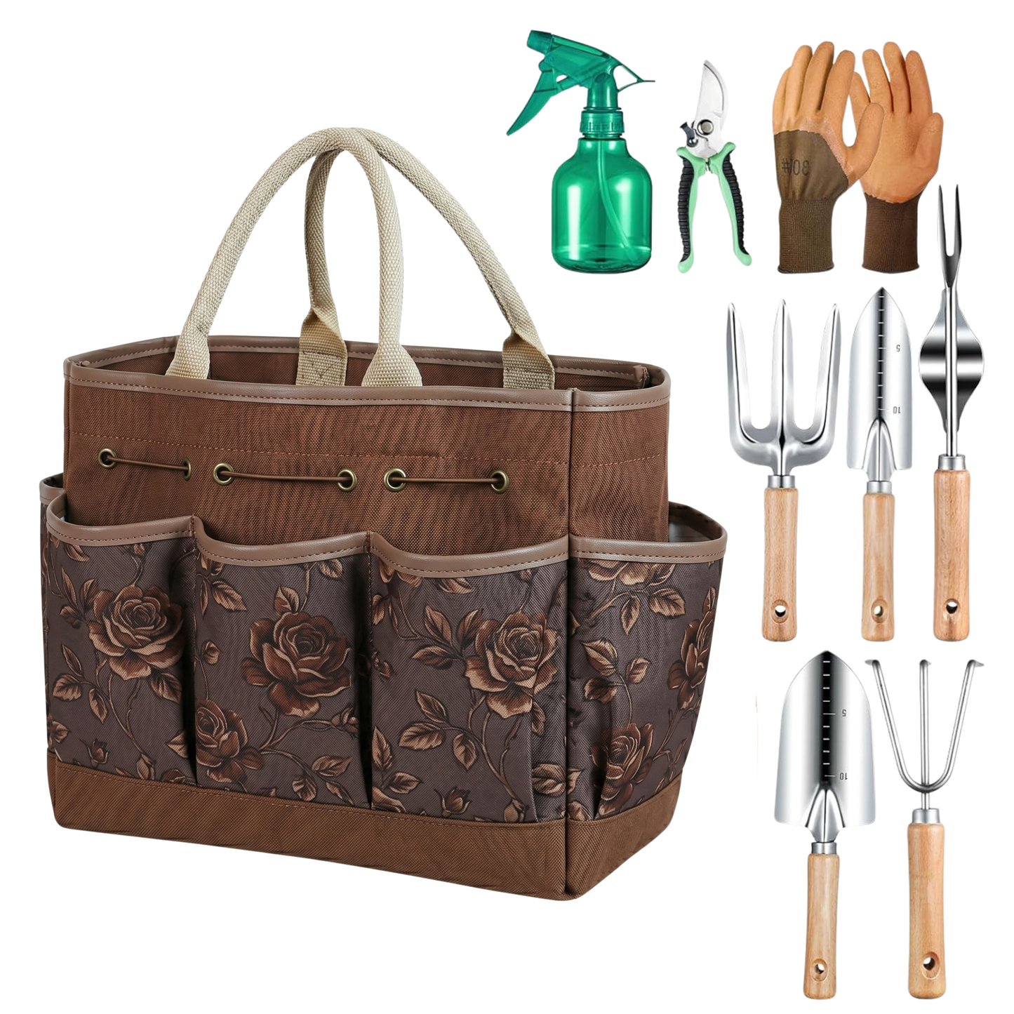 Gardening Tool Kit with Floral Carry Bag and 9 Hand Tools