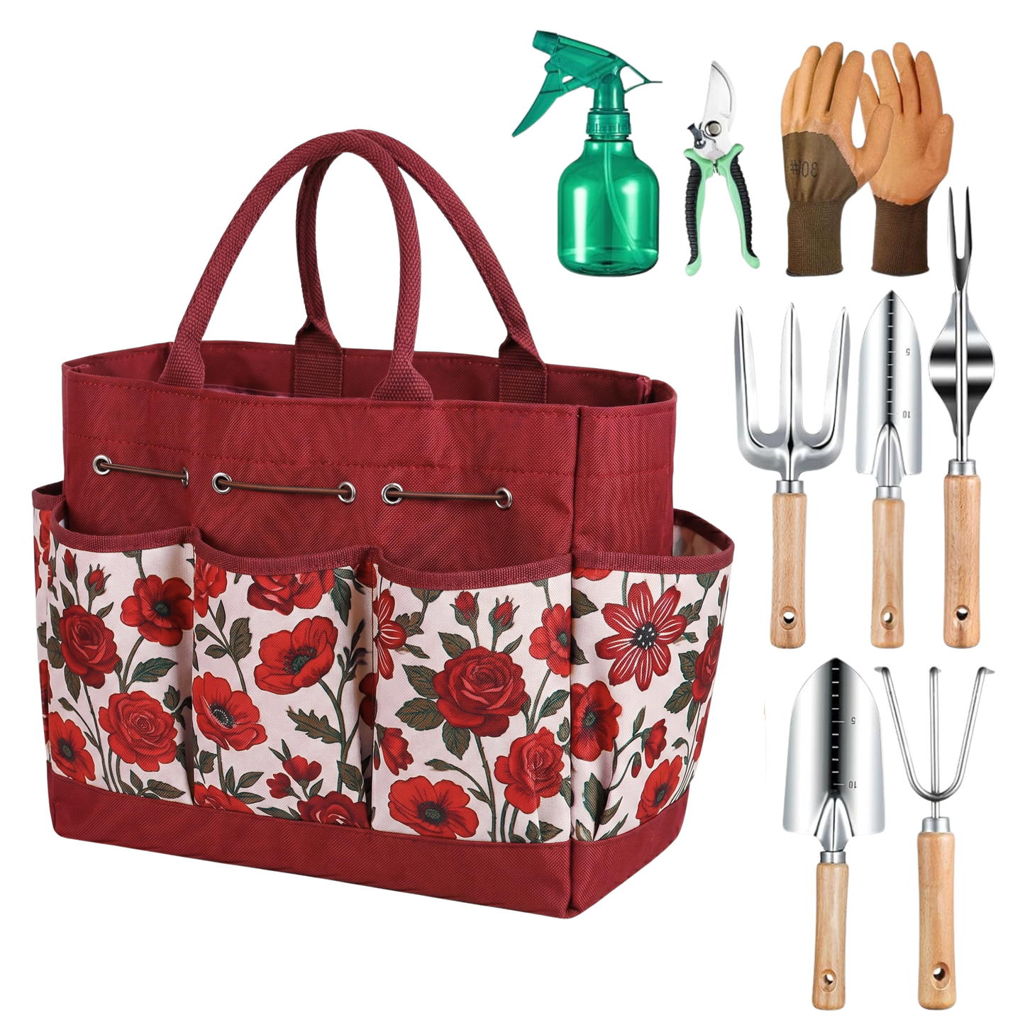 Gardening Tool Kit with Floral Carry Bag and 9 Hand Tools