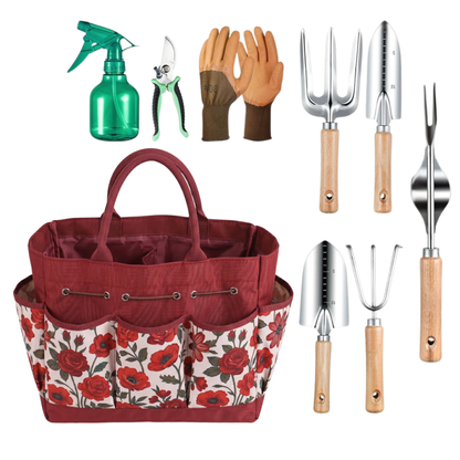 Gardening Tool Kit with Floral Carry Bag and 9 Hand Tools