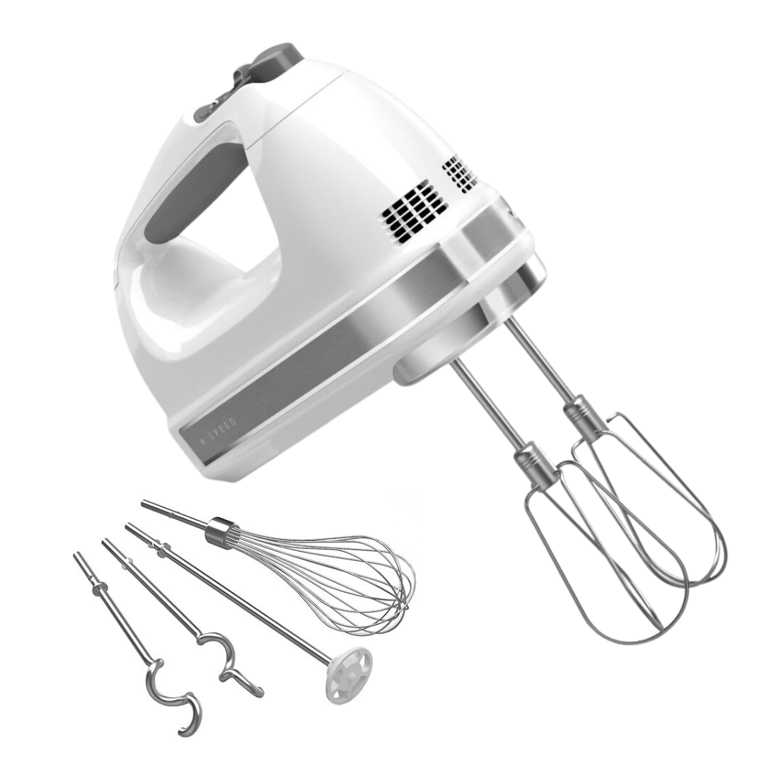 Handheld Mixer with 9 Speeds, Turbo Beaters, Dough Hooks, and Whisk