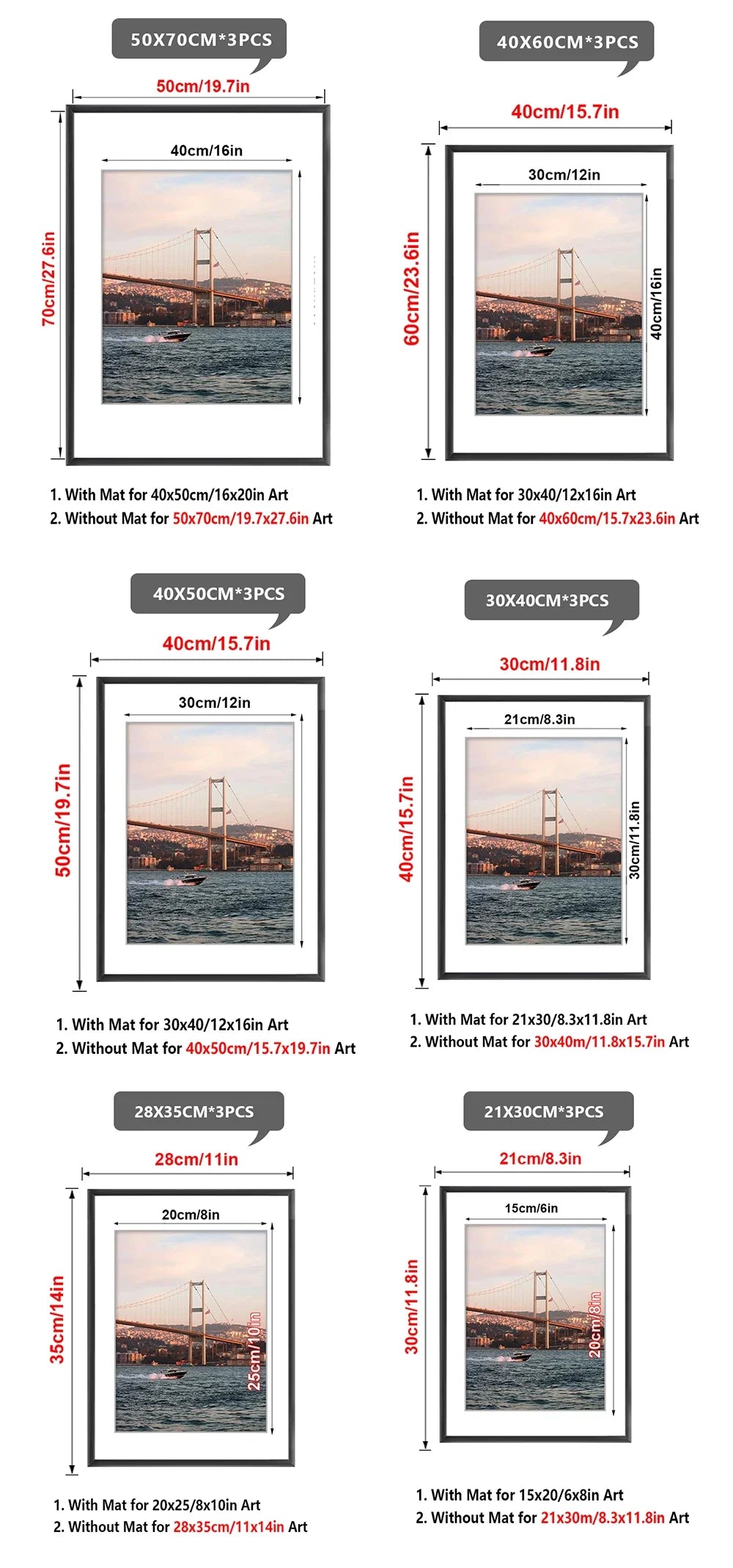 3-Pack Set of Aluminum Frames for Pictures