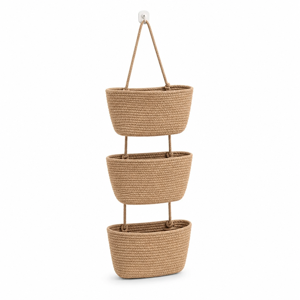 3-Compartment Cotton-Linen Over-The-Door Hanging Storage Basket