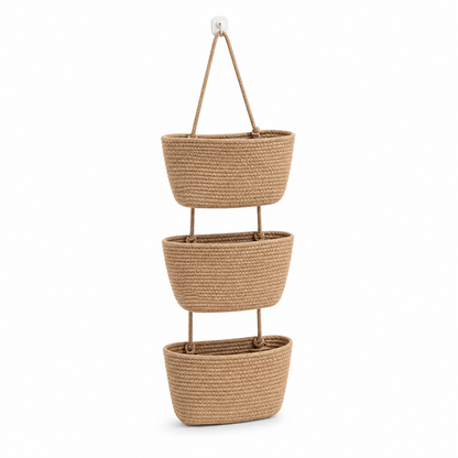 3-Compartment Cotton-Linen Over-The-Door Hanging Storage Basket