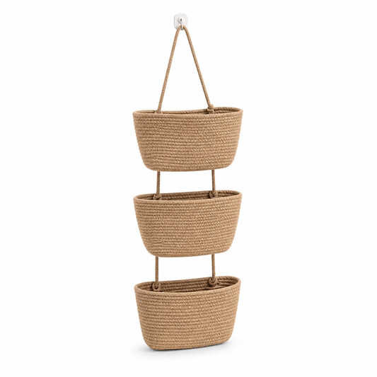 3-Compartment Cotton-Linen Over-The-Door Hanging Storage Basket
