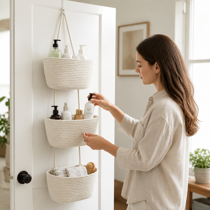 3-Compartment Cotton-Linen Over-The-Door Hanging Storage Basket