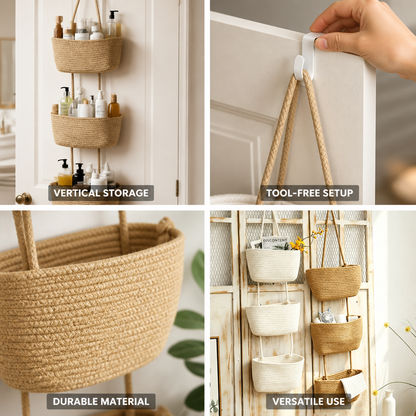 3-Compartment Cotton-Linen Over-The-Door Hanging Storage Basket