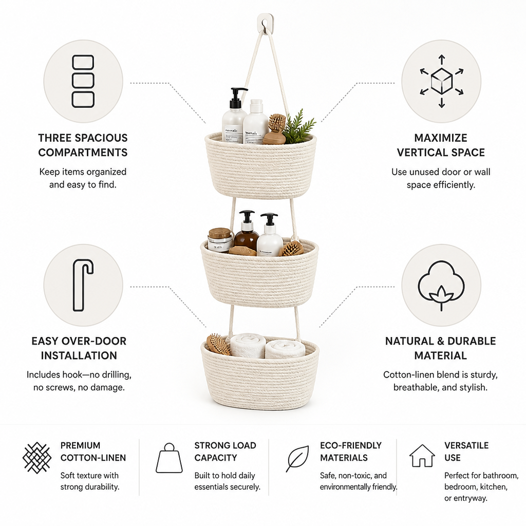 3-Compartment Cotton-Linen Over-The-Door Hanging Storage Basket