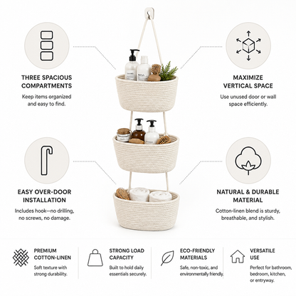 3-Compartment Cotton-Linen Over-The-Door Hanging Storage Basket