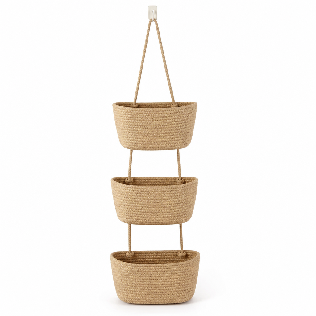 3-Compartment Cotton-Linen Over-The-Door Hanging Storage Basket