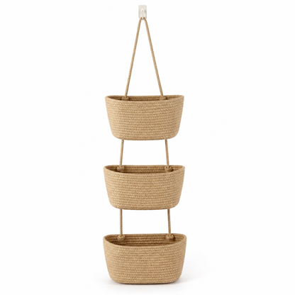 3-Compartment Cotton-Linen Over-The-Door Hanging Storage Basket