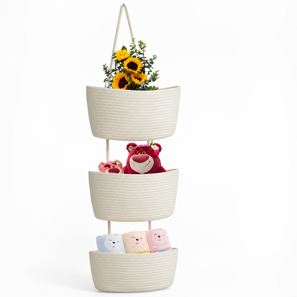 3-Compartment Cotton-Linen Over-The-Door Hanging Storage Basket