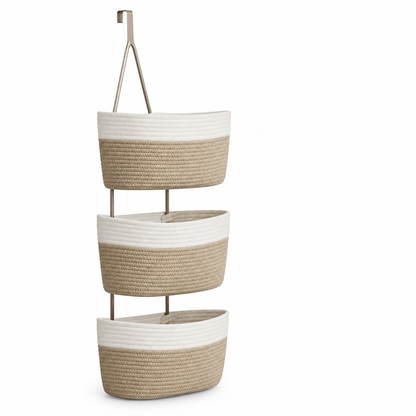 3-Compartment Cotton-Linen Over-The-Door Hanging Storage Basket