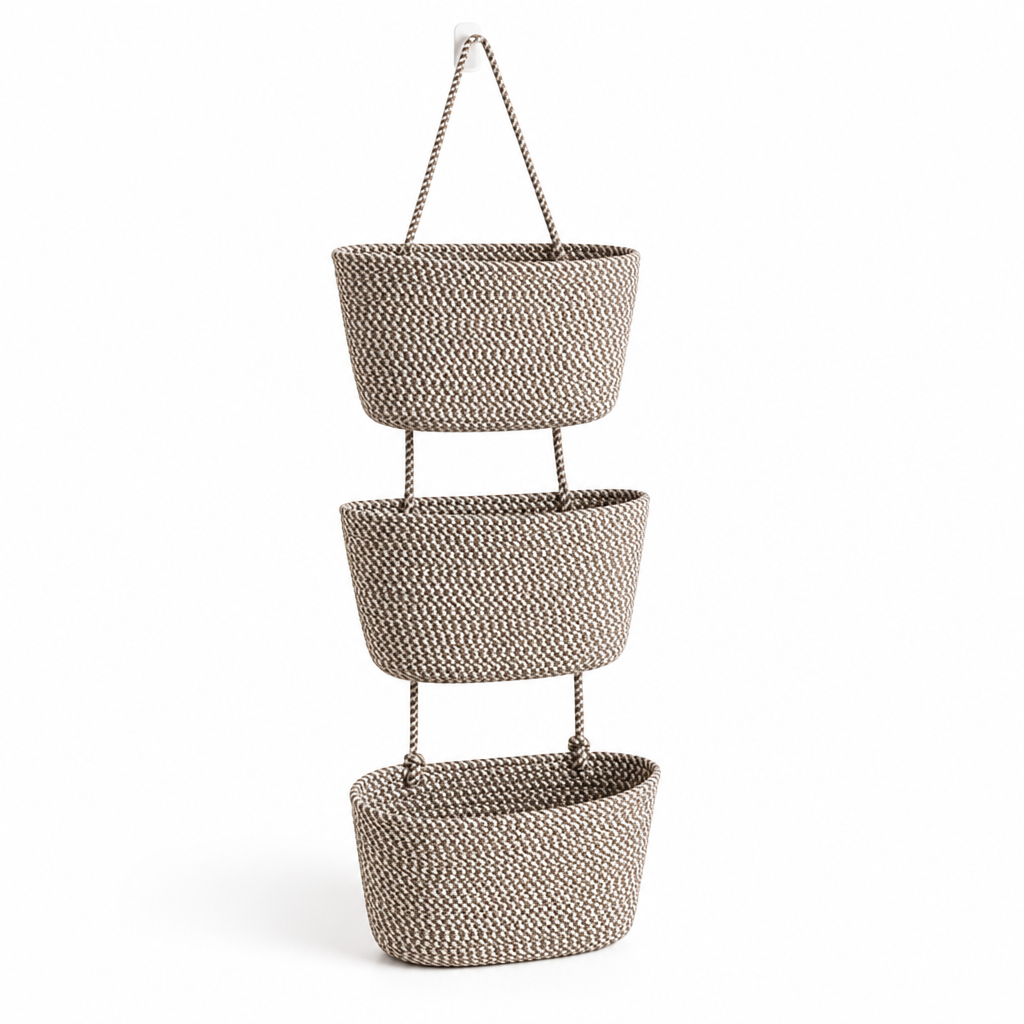 3-Compartment Cotton-Linen Over-The-Door Hanging Storage Basket