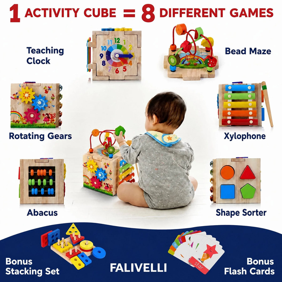 Activity Cube 8-in-1 Natural Rubberwood Montessori Activities