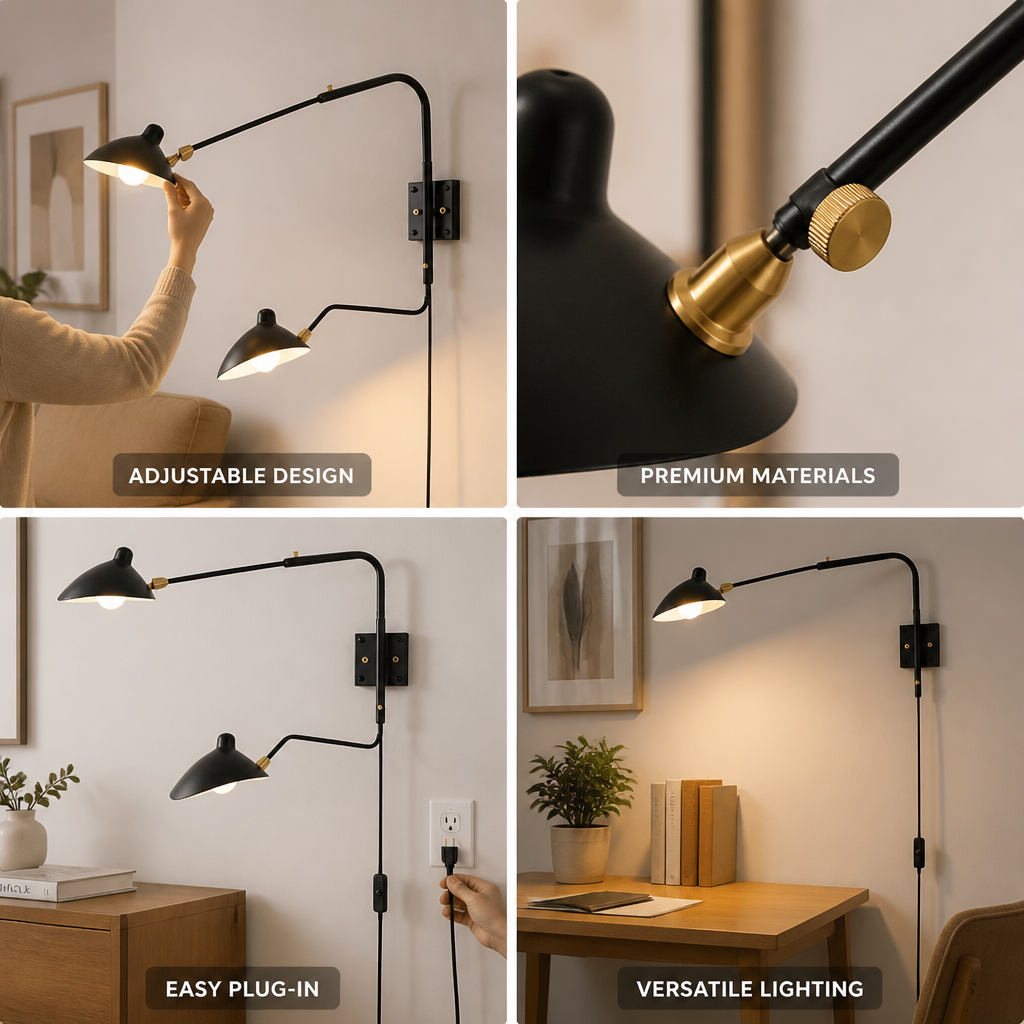 Adjustable Long-Arm Rotating Shade Wall Sconce (Plug-In)