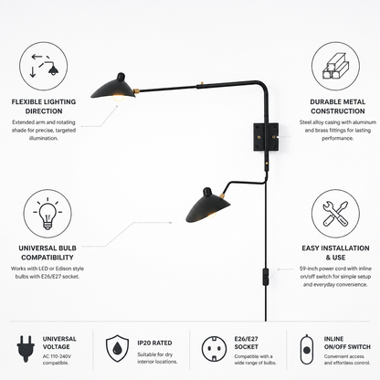 Adjustable Long-Arm Rotating Shade Wall Sconce (Plug-In)