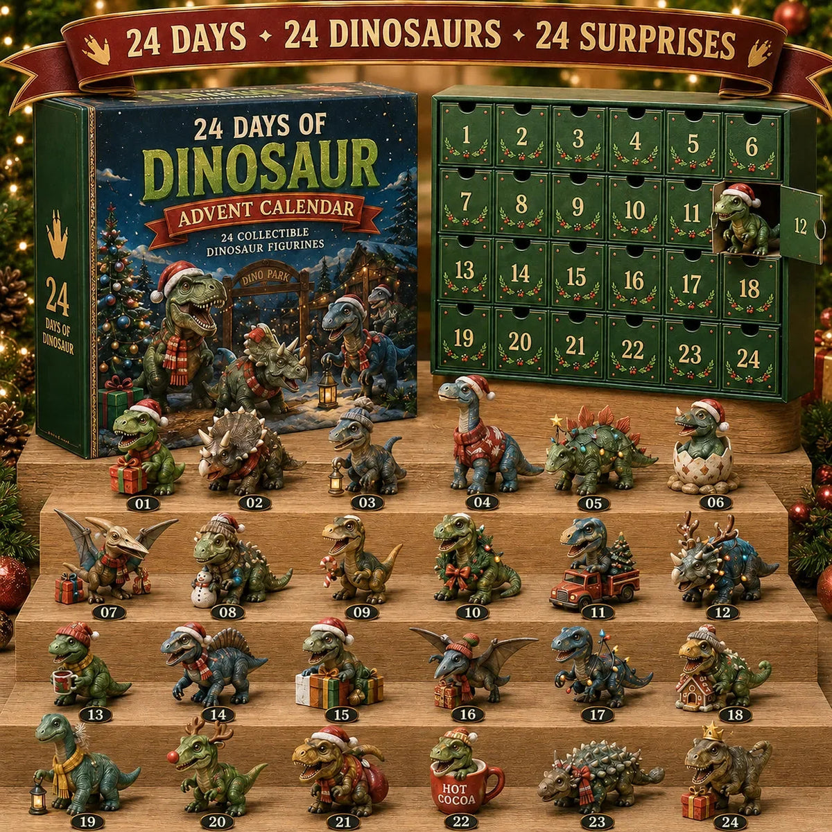 Advent Calendar 24-Day Dinosaur Figurines Hanging Or Standing