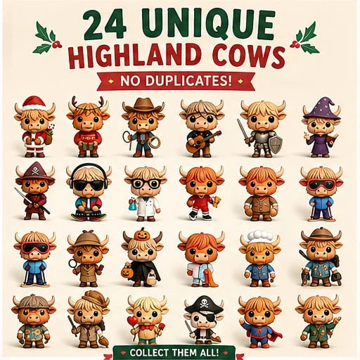 Advent Calendar 24 Highland Cow Resin Figurines