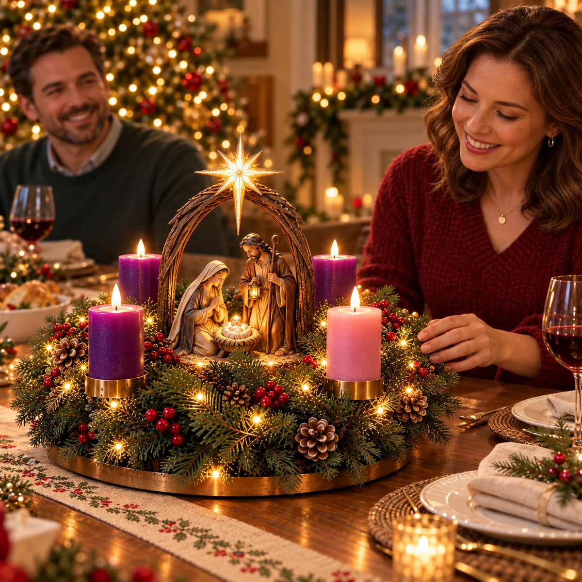 Advent Wreath Lighted Flameless Four-Candle Centerpiece