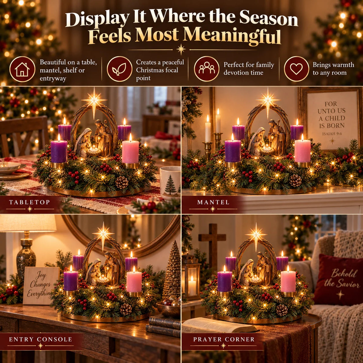 Advent Wreath Lighted Flameless Four-Candle Centerpiece
