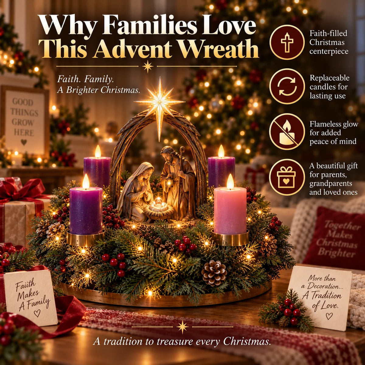 Advent Wreath Lighted Flameless Four-Candle Centerpiece