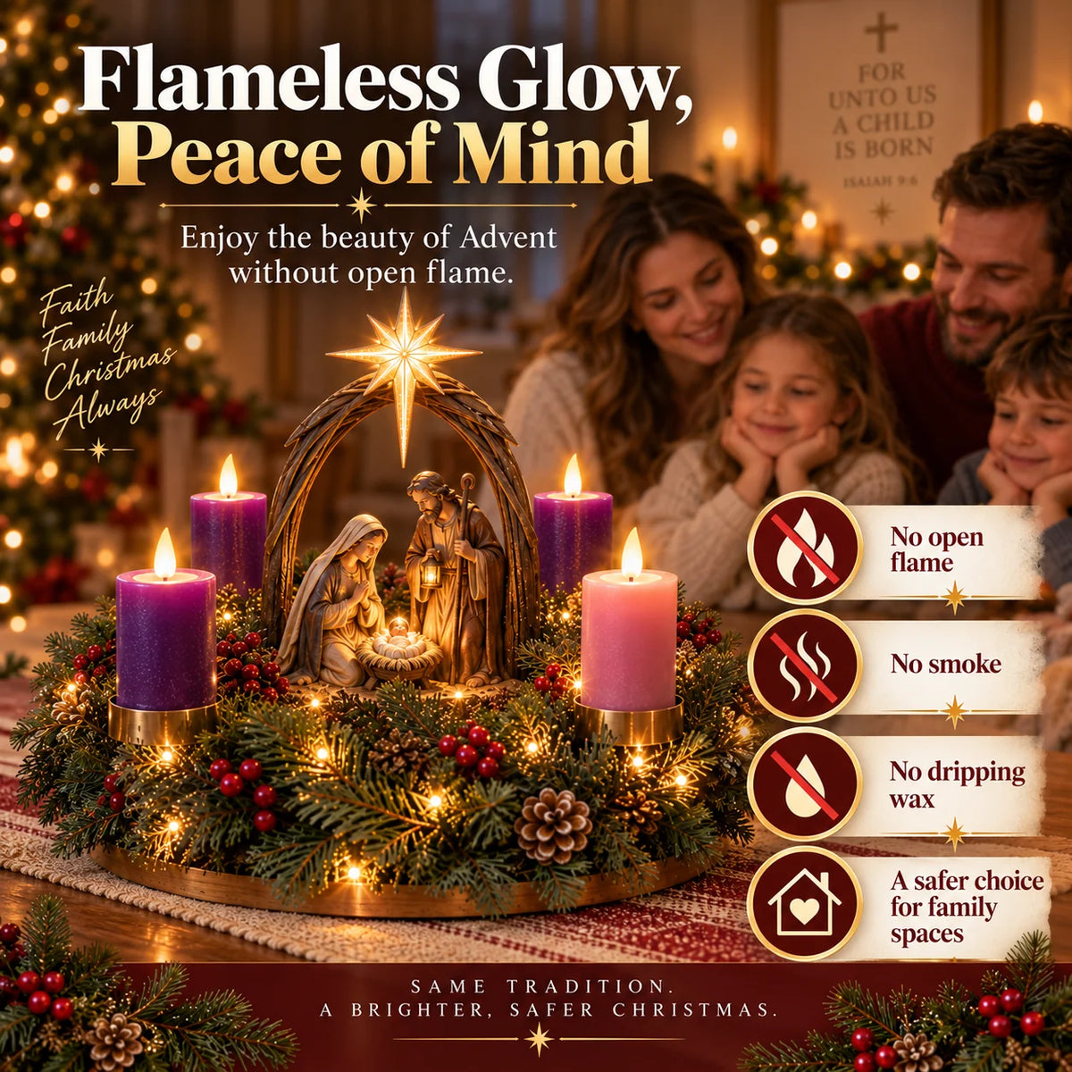Advent Wreath Lighted Flameless Four-Candle Centerpiece