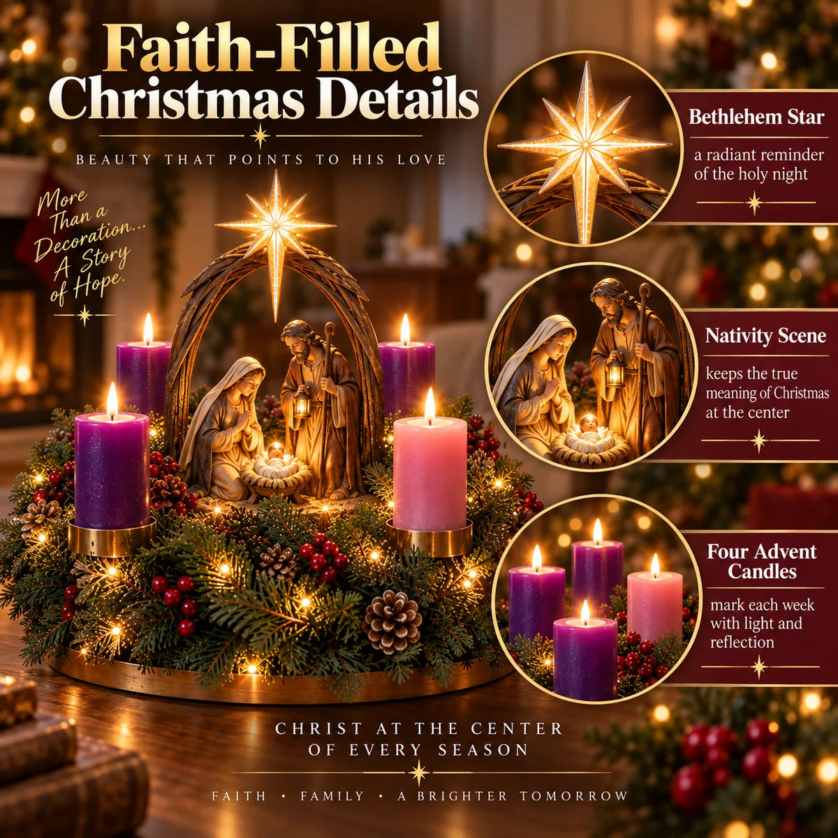 Advent Wreath Lighted Flameless Four-Candle Centerpiece