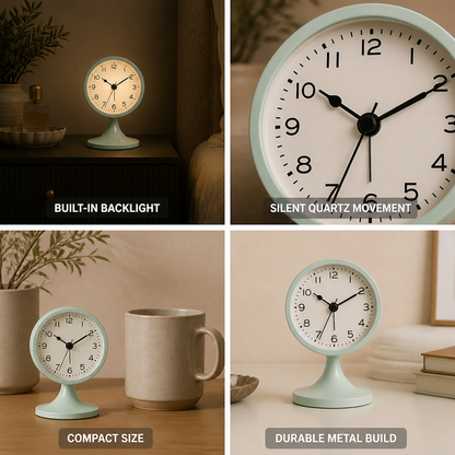Alarm Clock Compact Metal Silent Quartz Built In Backlight