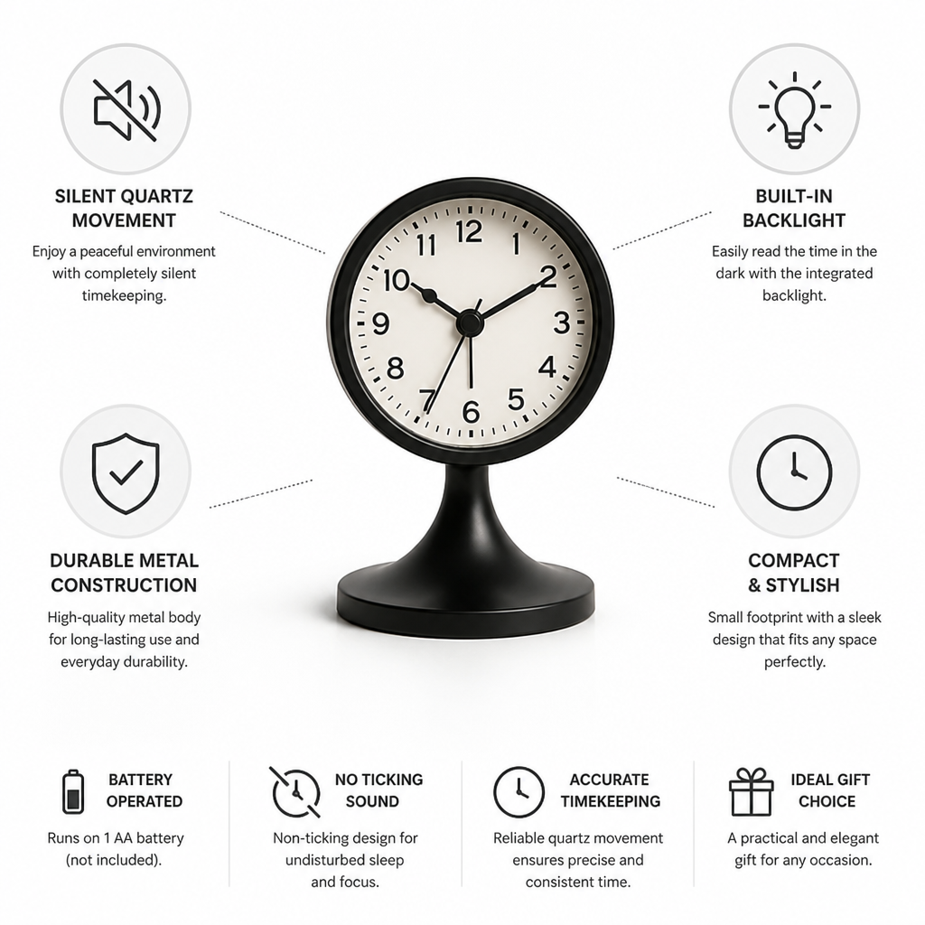 Alarm Clock Compact Metal Silent Quartz Built In Backlight