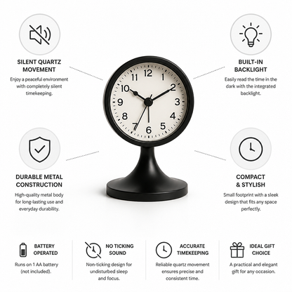Alarm Clock Compact Metal Silent Quartz Built In Backlight