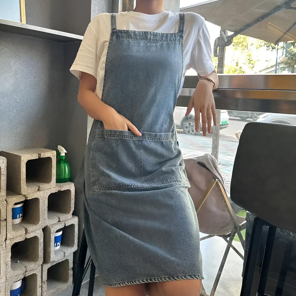 Apron Cotton Denim Adjustable Cross-Back Straps Roomy Pockets